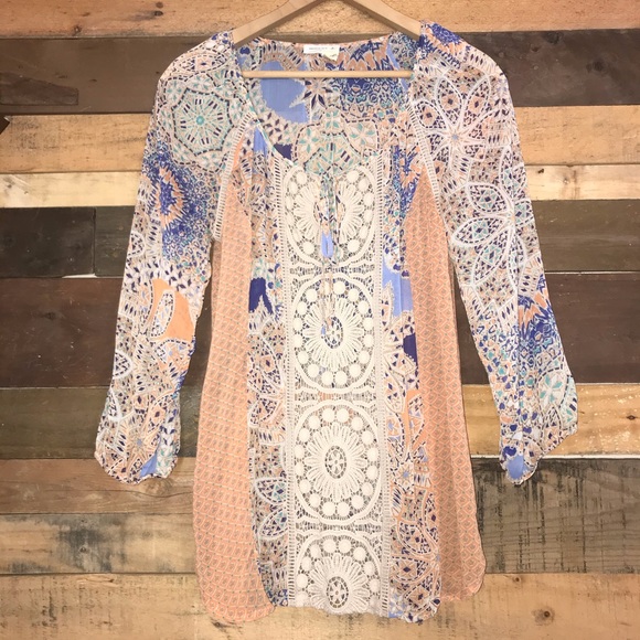 Anthro Meadow Rue Crochet Lace Sheer Geometric Print Peasant Blouse Tunic Top - Picture 3 of 8